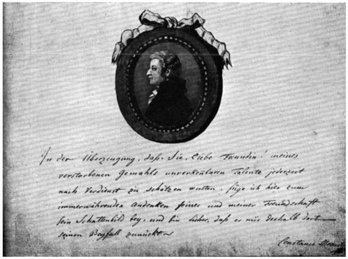 Mozartbildchen mit einer Eintragung Konstanzes. Im Stammbuch der Babette Ployer