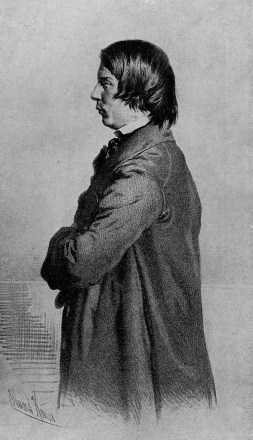 Robert Schumann.⋼Nach einer im Verlage F. Paterno in Wien erschienenen Lithographie von Ed. Kaiser. Vorlage im Lesitz der Gesellschaft der Musikfreunde in Wien.(S. 82)