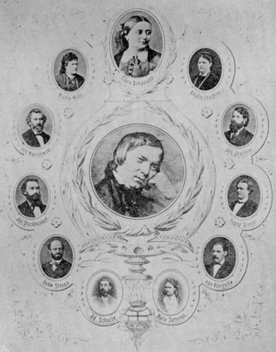 Robert Schumann und die bei der Schumann-Feier in Bonn 1873 Mitwirkenden.⋼Nach einer ...