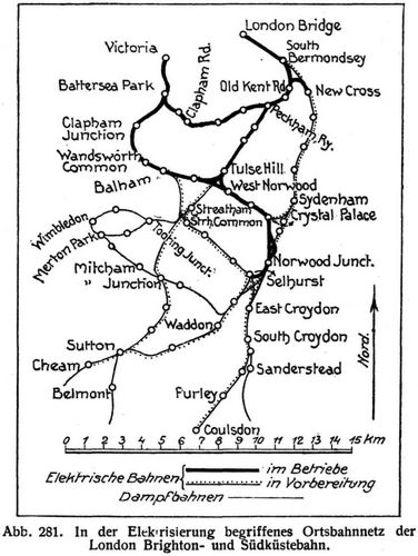 Abb. 281. In der Elektrisierung begriffenes Ortsbahnnetz der London Brighton- und Sdkstebahn.