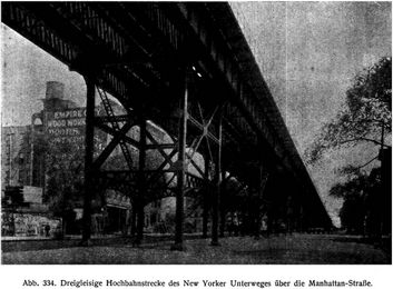 Abb. 334. Dreigleisige Hochbahnstrecke des New Yorker Unterweges ber die Manhattan-Strae.