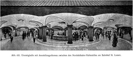 Abb. 432. Umsteighalle mit Ausstellungsräumen zwischen den Nordsüdbahn-Haltestellen am Bahnhof St. Lazare.